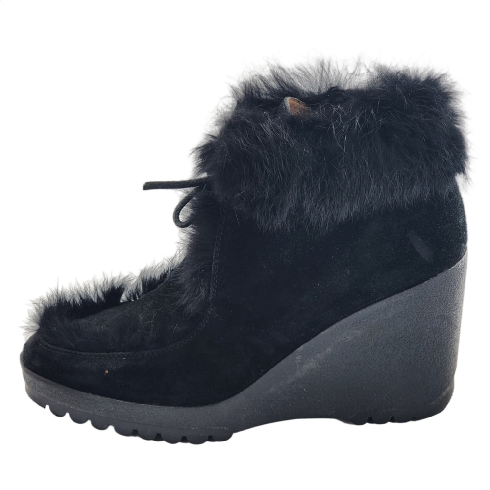 Coach Kataya Black Suede Wedge‎ Fur Trim Boots Women’s 7.5B Italy